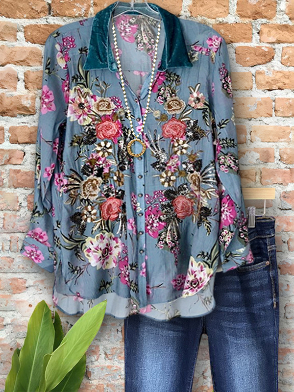 Romantic Floral Velvet Shirt Collar Top