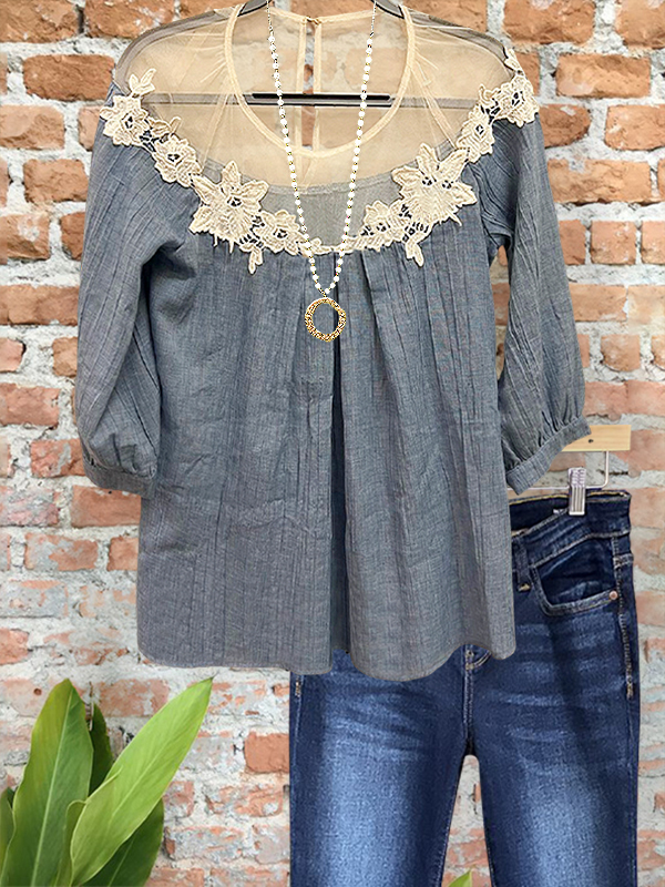 Casual Pleated Sheer Crochet Floral Top