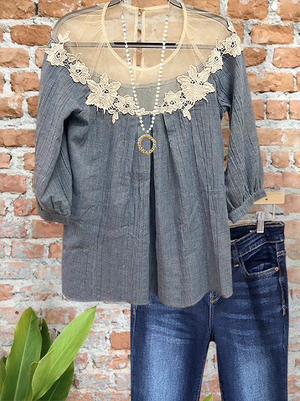 Casual Pleated Sheer Crochet Floral Top