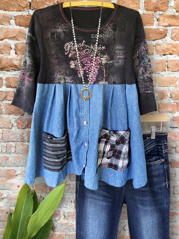 Vintage Denim Print Pocket Patchwork Top