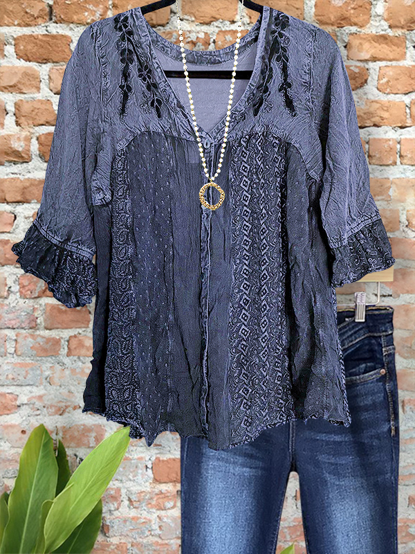 Vintage Embroidered Floral Patchwork Ruffle Sleeve Shirt