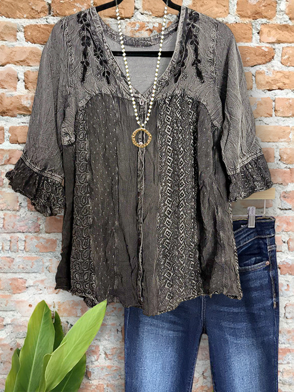 Women's top | Vintage Embroidered Floral Patchwork Ruffle Sleeve Shirt |Website-shopcharmingrose