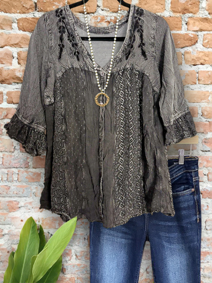 Vintage Embroidered Floral Patchwork Ruffle Sleeve Shirt