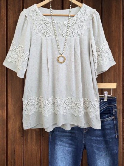 Casual Linen Crochet Floral Patch Top