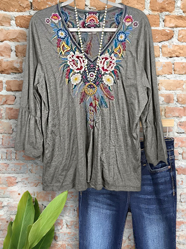 Ethnic Embroidery Floral Ruffle Sleeve Top