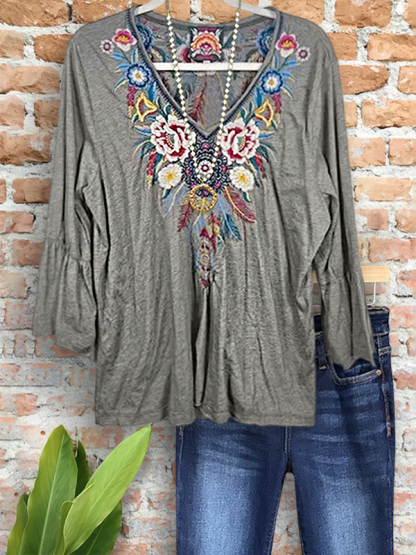 Ethnic Embroidery Floral Ruffle Sleeve Top