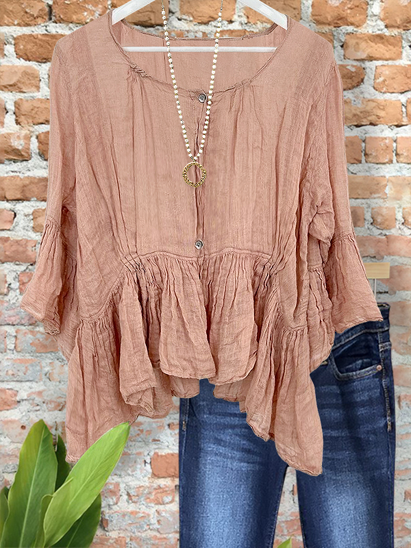 Bohemian Linen Ruffle Hem Shirt