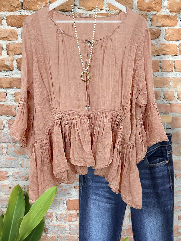Bohemian Linen Ruffle Hem Shirt