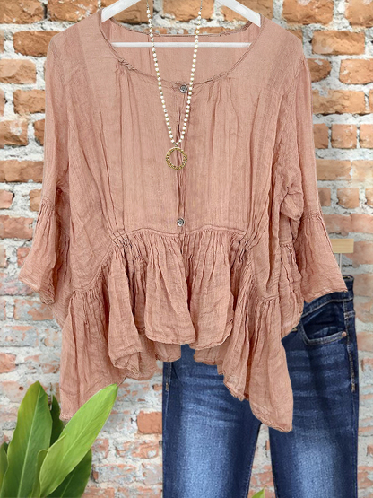 Bohemian Linen Ruffle Hem Shirt