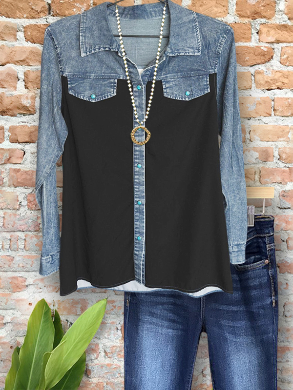 Vintage Casual Denim Patchwork Shirt
