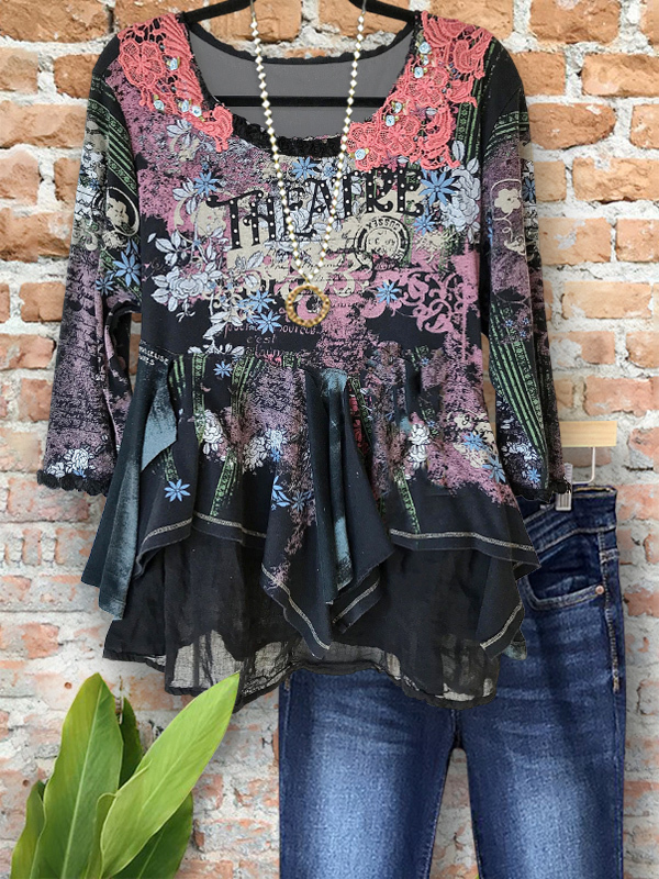 Vintage Print Lace Patch Irregular Hem Top