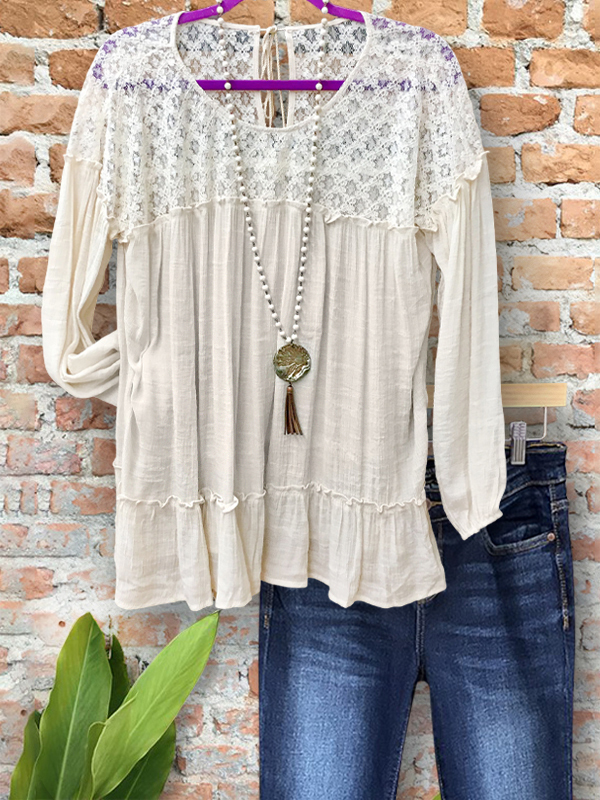 Casual Linen Lace Ruffle Hem Top