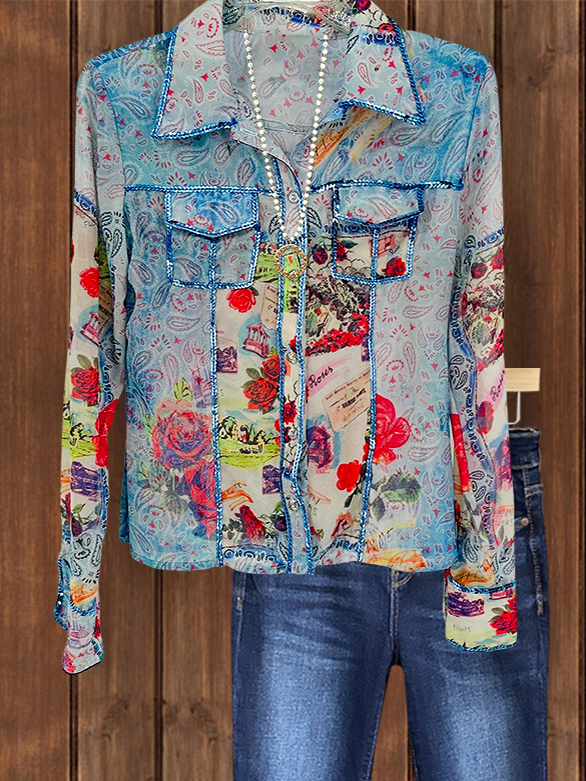 Charming Vintage Floral Print Shiny Sequin Shirt