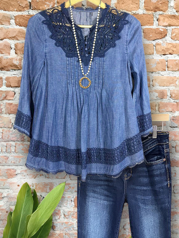 Women's top | Casual Denim Crochet Lace Patchwork Top |Website-shopcharmingrose