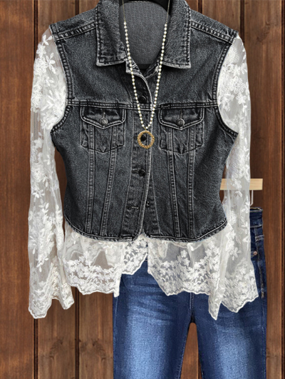 Vintage Chic Denim Lace Patchwork Jacket