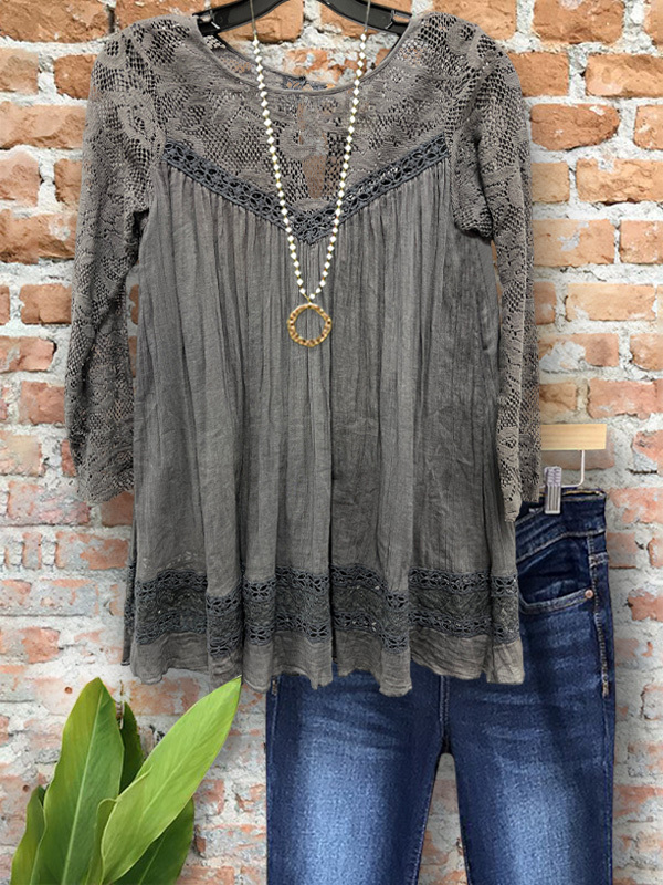 Women's top | Casual Vintage Crochet Floral Ruched Top |Website-shopcharmingrose