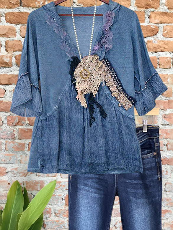 Women's top | Vintage Lace Patch Ruffle Sleeve Top |Website-shopcharmingrose