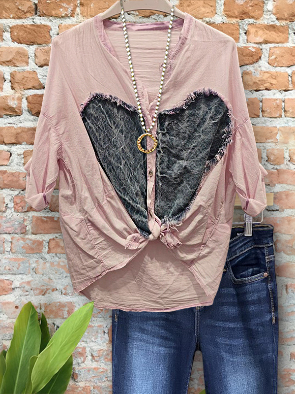 Charming Vintage Denim Heart Patch Shirt