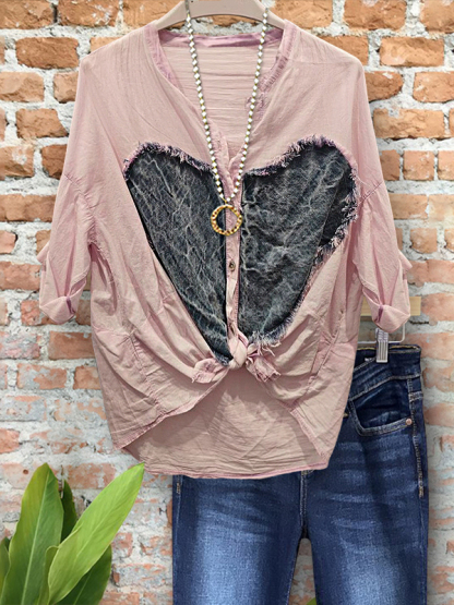 Charming Vintage Denim Heart Patch Shirt