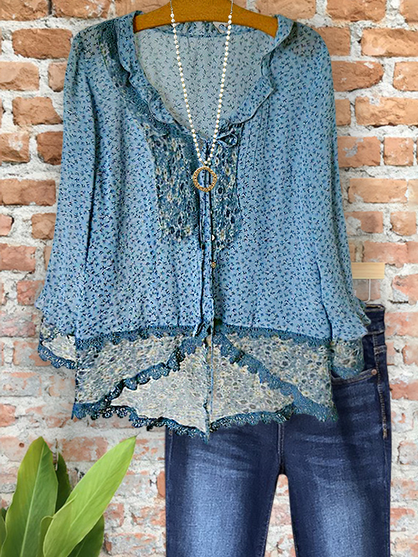 Women's top | Retro Pastoral Floral Print Webbing Top |Website-shopcharmingrose