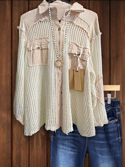 Casual Crochet Mesh Pocket Patchwork Shirt