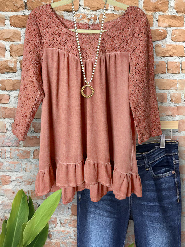 Soft Cutout Patchwork Ruffle Hem Top