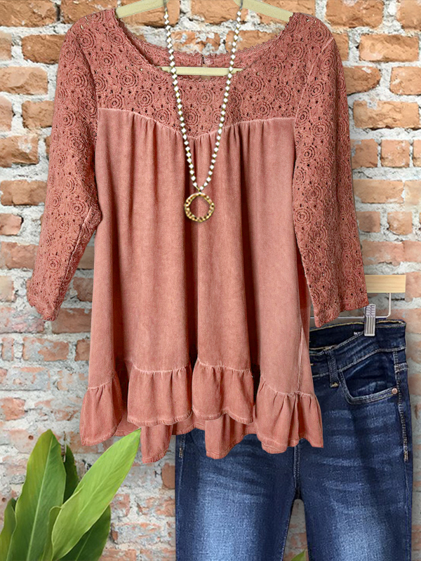Soft Cutout Patchwork Ruffle Hem Top