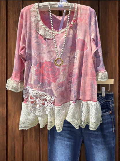 Vintage Floral Print Lace Ruffle Top