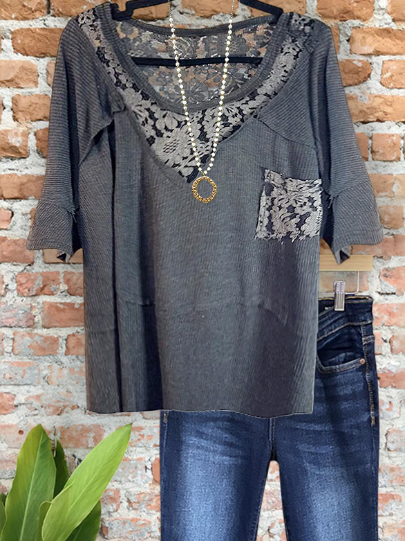Women's top | Casual Textured Lace Mid-Sleeve Top |Website-shopcharmingrose
