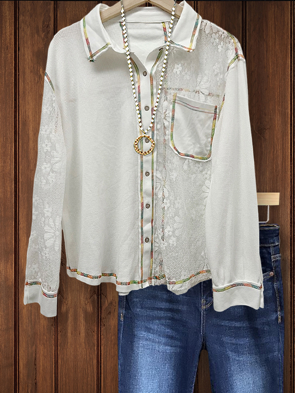 Women's top | Casual Cozy Rainbow Lace Patchwork Shirt |Website-shopcharmingrose