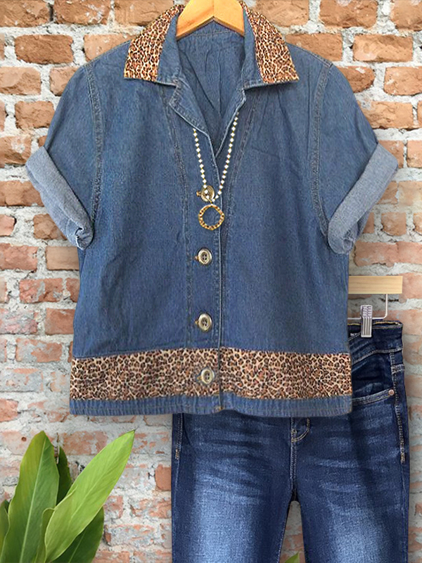 Women's top | Vintage Classic Denim Leopard Patchwork Shirt |Website-shopcharmingrose