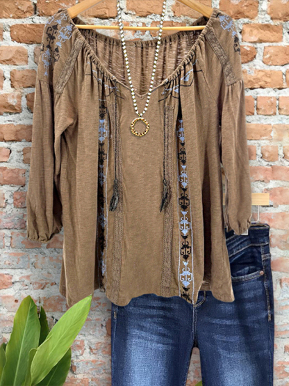 Ethnic Embroidered Webbing Ruched Top