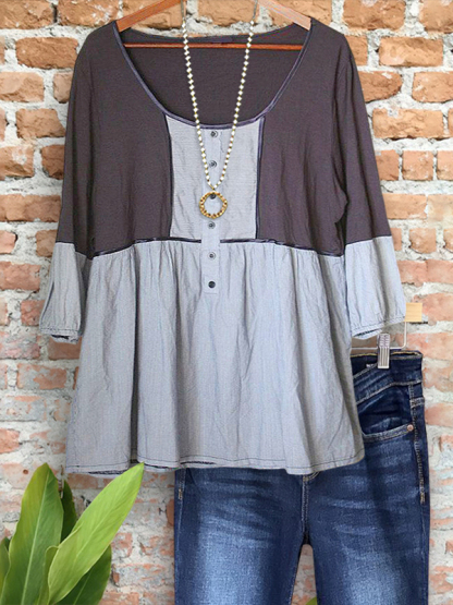 Casual Loose Cotton Contrast Patchwork Top