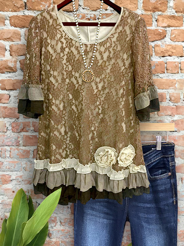 Elegant And Chic Lace Ruffled 3D Floral Top