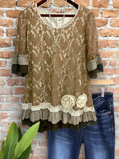 Elegant And Chic Lace Ruffled 3D Floral Top