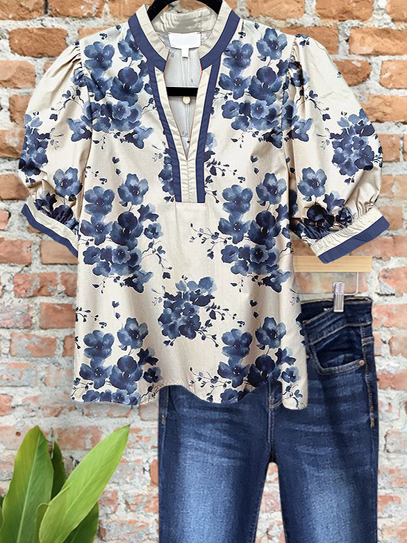 Elegant Floral Print Puff Sleeve Top