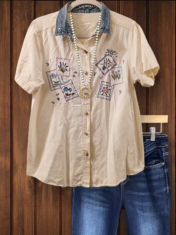 Women's top | Casual Cotton Embroidered Floral Denim Patchwork Shirt |Website-shopcharmingrose