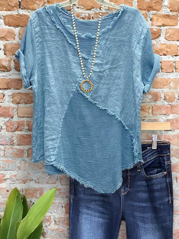 Casual Linen Raw-Edge Patchwork Top
