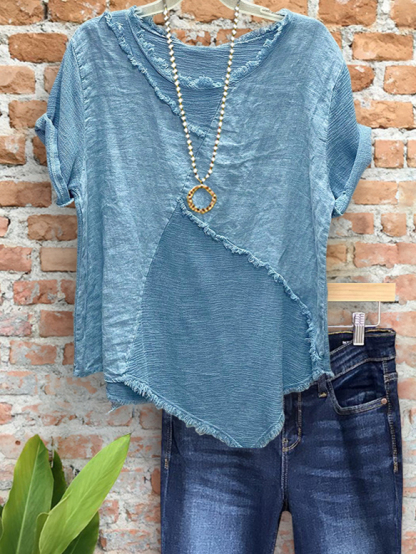 Casual Linen Raw-Edge Patchwork Top
