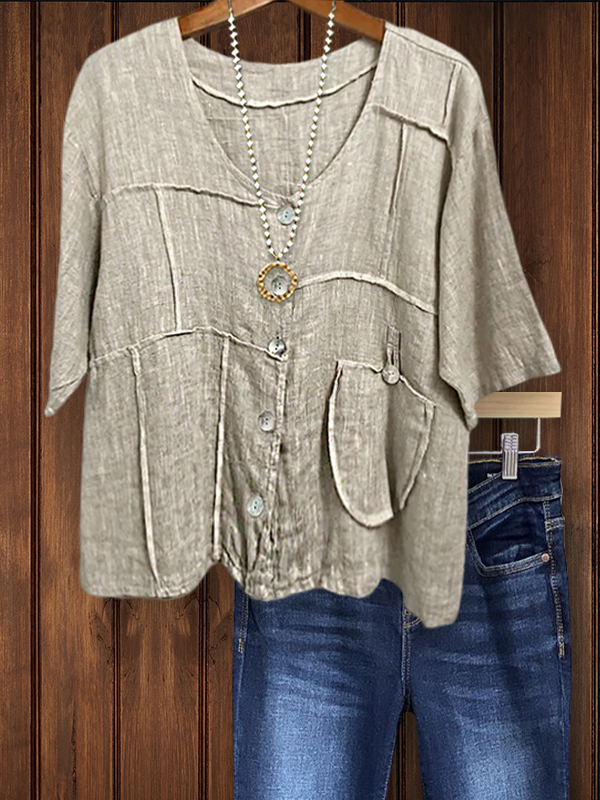 Women's top | Vintage Casual Linen Patchwork Pocket Shirt |Website-shopcharmingrose