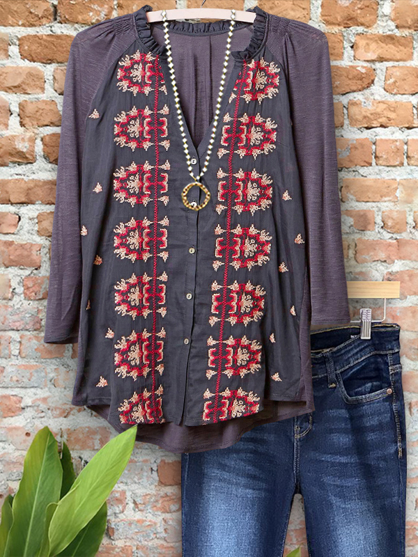 Women's top | Bohemian Ethnic Print Patchwork Shirt |Website-shopcharmingrose