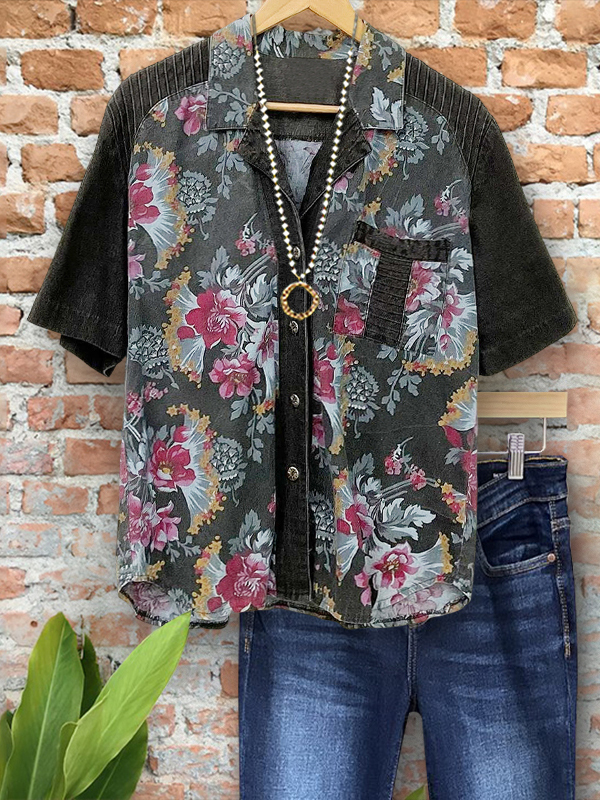 Women's top | Casual Denim Floral Print Patchwork Top |Website-shopcharmingrose