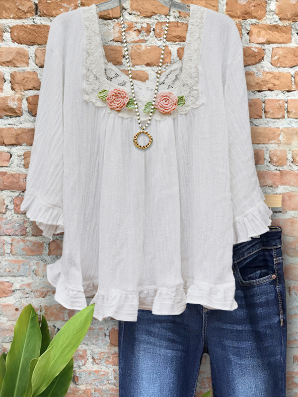 Bohemian Linen Floral Lace Ruffle Sleeve Top