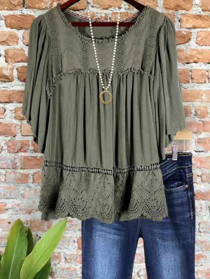 Retro Jacquard Textured Puff Sleeve Top