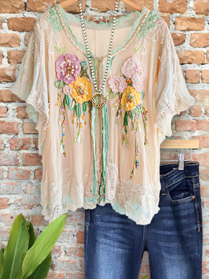 Romantic Colorful Floral Lace Patchwork Top