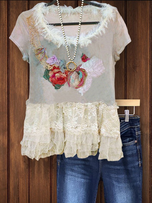 Women's top | Vintage Print Lace Furry Crew Neck Top |Website-shopcharmingrose