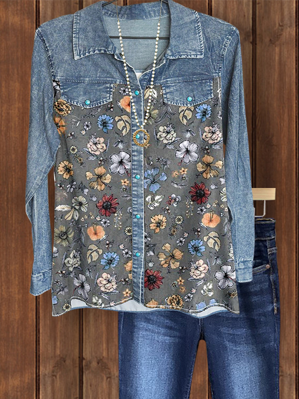Women's top | Romantic Vintage Denim Floral Patchwork Shirt |Website-shopcharmingrose