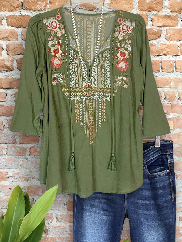 Ethnic Embroidered Floral Mid-Sleeve Top