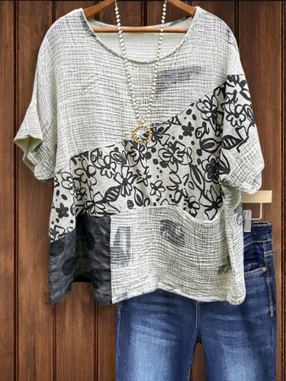 Retro Fashion Textured Floral Patchwork Top