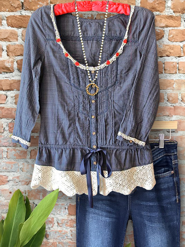 Vintage Chic Plaid Crochet Patchwork Top